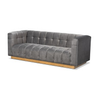 Baxton Studio TSF-5506-Grey/Gold-SF Loreto Glam and Luxe Grey Velvet Fabric Upholstered Brushed Gold Finished Sofa